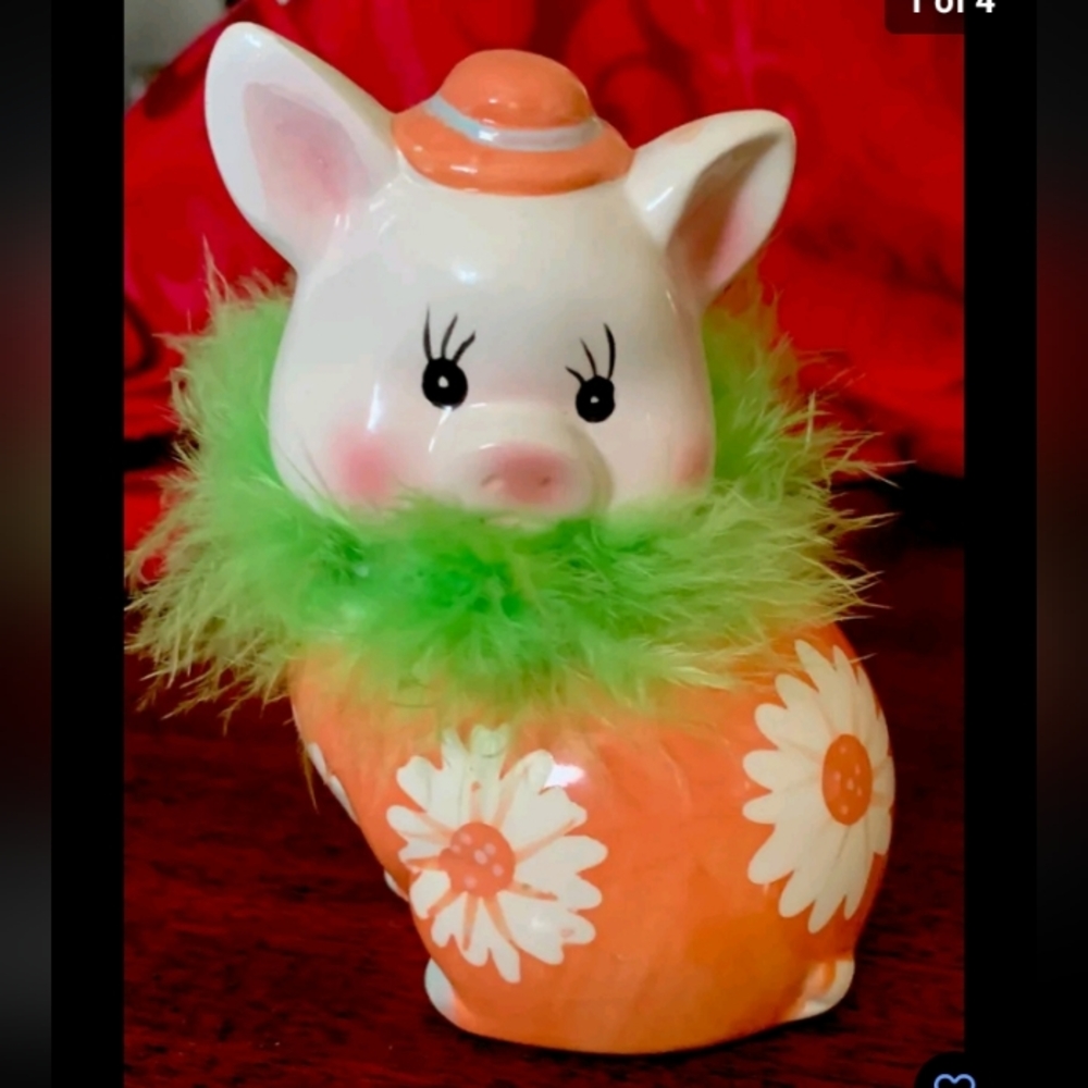 Dolomite pig with with fur figurine 5" toll apricot and green color glass